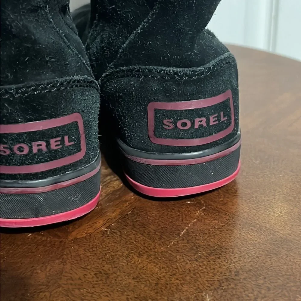 🔥🔥 SOREL Glacy Black & Pink SherpaLined Waterproof Suede Boots - Women Sz 5‎